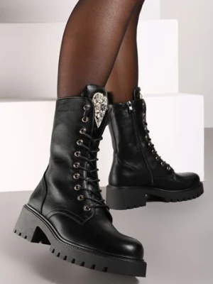 Czarne Botki Workery z Serduszkiem z Błyszczących Cyrkonii Fessalia