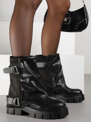 Czarne Botki z Cholewką Imitującą Nogawkę Zdobione Paskami ze Sprzączkami Zevilla c'm paris