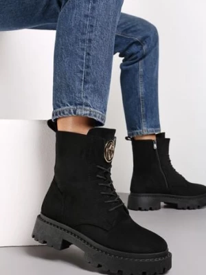 Czarne Botki z Imitacji Zamszu na Płaskiej Podeszwie z Przeszyciami i Logo Sylvara