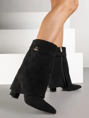 Czarne Botki z Imitacji Zamszu na Słupku z Wywiniętą Cholewką Eleave givana