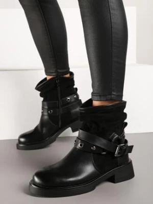 Czarne Botki z Marszczoną Cholewką Zdobioną Paskiem z Klamrami Miledi