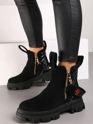 Czarne Botki z Napisem na Taśmie i Ozdobnym Suwakiem Rivarisa