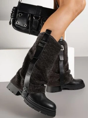 Czarne Botki z Wywiniętą Cholewką Sztruksową i Paskiem z Klamrą Zalorra damerose