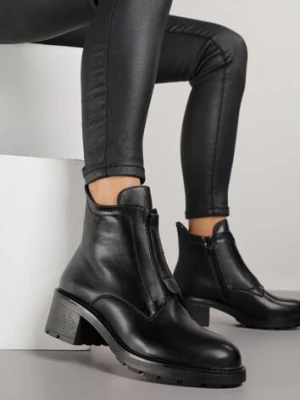 Czarne Botki ze Skóry Naturalnej na Słupku Ozdobione Przeszyciami Deleisa m.daszynski