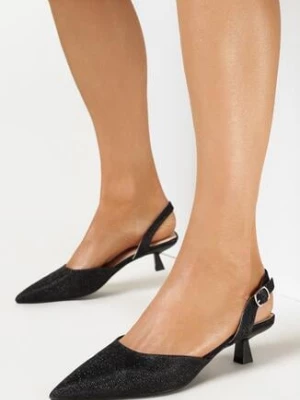 Czarne Brokatowe Czółenka na Niskim Obcasie ze Szpiczastym Noskiem Bexlee