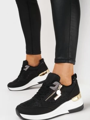 Zdjęcie produktu Czarne Brokatowe Sneakersy na Koturnie z Metaliczną Wstawką i Suwakiem Pianese