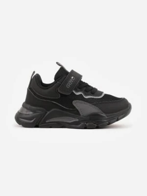 Czarne Buty Sportowe Sneakersy z Napisem i Geometrycznym Wzorem Basolea