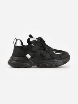 Czarne Buty Sportowe Sneakersy z Ozdobnymi Taśmami na Rzep i Podeszwą Chunky Sirila clibee