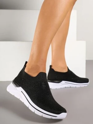 Czarne Buty Sportowe z Cholewką przed Kostkę z Miękkiego Materiału Ozdobione Cyrkoniami Telianisa