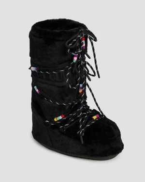 Czarne Buty Zimowe Futrzane Damskie Moon Boot Icon Faux Fur Beads