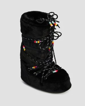 Czarne Buty Zimowe Futrzane Damskie Moon Boot Icon Faux Fur Beads