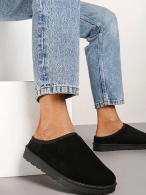 Czarne Casualowe Kapcie na Płaskiej Podeszwie z Futerkiem Peccaria