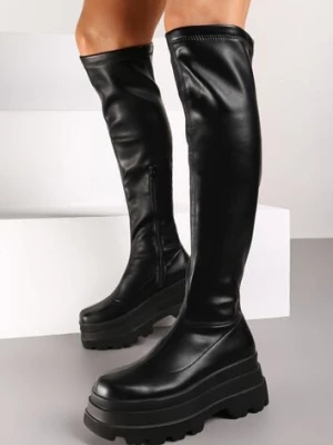 Czarne Caualowe Kozaki w Stylu Muszkieterek na Platformie Leniefra