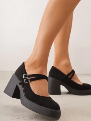 Czarne Chunky Półbuty na Słupku z Paskami z Klamrami Zdobionymi Cyrkoniami Pesipe lady glory