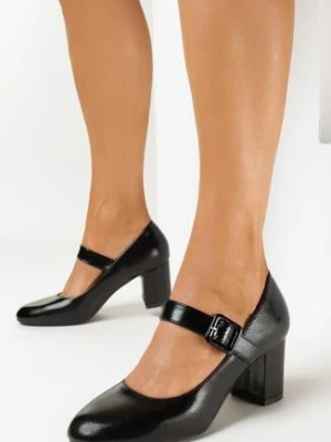 Czarne Czółenka Lakierowane na Słupku z Paskiem Beveta