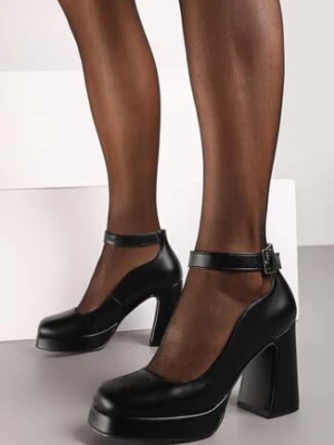 Czarne Czółenka na Geometrycznym Obcasie z Paskiem Wokól Kostki Firisya