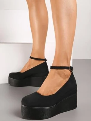 Czarne Czółenka na Koturnie Zapinane na Sprzączkę Gridia