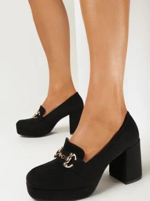 Czarne Czółenka na Kwadratowym Słupku i Platformie z Metalową Ozdobą Nephone