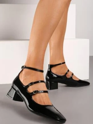 Czarne Czółenka na Niskim Obcasie z Trzema Ozdobnymi Paskami i Sprzączkami Amantia