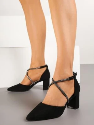 Czarne Czółenka na Niskim Słupku ze Sprzączką i Ozdobnymi Paskami Adomia