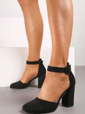 Czarne Czółenka na Obcasie Typu Słupek ze Skórzaną Wkładką i Paseczkiem Wokół Kostki Belandria