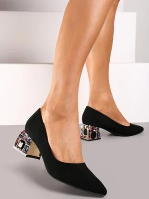 Czarne Czółenka na Obcasie z Cyrkoniami ze Skórzaną Wkładką Cleitia