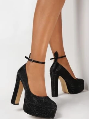 Czarne Czółenka na Słupku i Platformie Zdobione Cyrkoniami Blatia