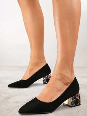 Czarne Czółenka na Słupku Ozdobionym Cyrkoniami z Wkładką ze Skóry Clesina