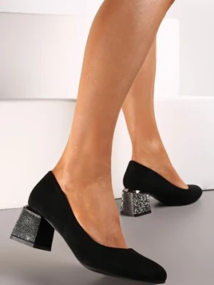 Czarne Czółenka na Słupku z Cyrkoniami i Wkładką ze Skóry Naturalnej Millu