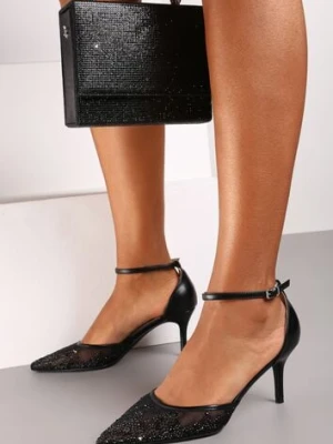 Czarne Czółenka na Szpilce z Cyrkoniami Zapinane Wokół Kostki Getinas