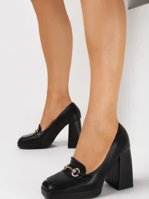 Czarne Czółenka na Wysokim Słupku z Platformą i Klamerką w Stylu Mokasynów Ledda