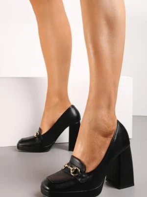 Czarne Czółenka na Wysokim Słupku z Platformą i Klamerką w Stylu Mokasynów Ledda