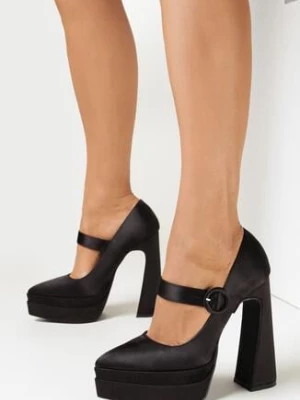 Czarne Czółenka Satynowe na Wysokim Słupku i Platformie Vinge