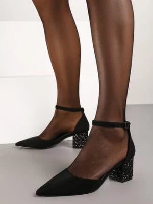 Czarne Czółenka Vices na Brokatowym Obcasie ze Skórzaną Wkładką Seallia