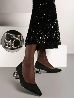 Czarne Czółenka Vices na Słupku Ozdobionym Kamieniami ze Skórzaną Wkładką Savelia