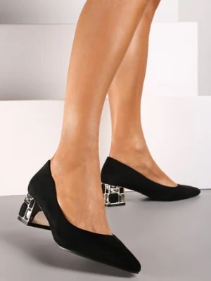 Czarne Czółenka Vices na Słupku Ozdobionym Kamieniami ze Skórzaną Wkładką Savelia