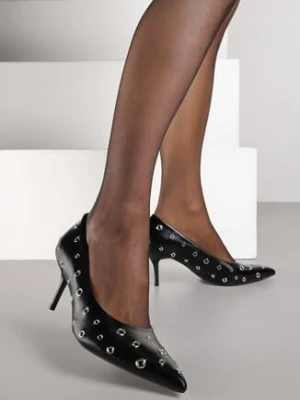 Czarne Czółenka Vices na Szpilce ze Skórzaną Wkładką i Nitami Rilenna