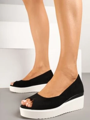 Czarne Czółenka z Ekozamszu na Koturnie z Noskiem Typu Peep Toe Saderine seastar