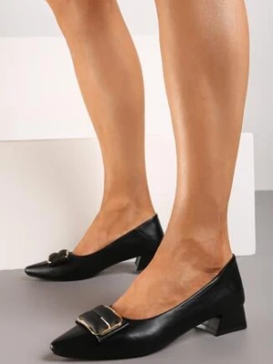 Czarne Czółenka z Imitacji Skóry na Słupku z Metalową Ozdobą z Cyrkoniami Wassa