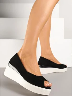 Czarne Czółenka z Imitacji Zamszu na Koturnie z Otwartym Noskiem Sadabelle seastar