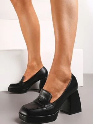 Czarne Czółenka z Noskiem w Kwadrat na Słupku i Platformie z Ozdobnym Wycięciem Drizona