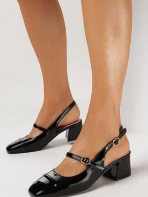 Czarne Czółenka Zapinane na Sprzączkę z Kwadratowym Noskiem na Niskim Słupku Filreal