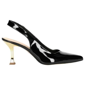 Czarne lakierowane czółenka damskie ze złotym fantazyjnym obcasem 35114-31 Wojas