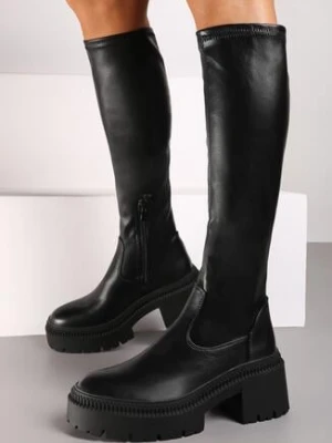 Czarne Długie Kozaki na Słupku z Dopasowaną Cholewką Laoriah