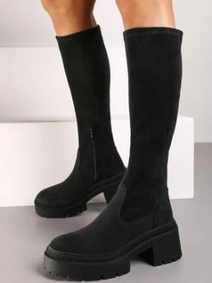 Czarne Dopasowane Kozaki na Grubej Podeszwie ze Skarpetkową Cholewką Hanilinn