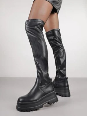 Czarne Dopasowane Kozaki Vices z Wysoką Cholewką i Platformą Cerane