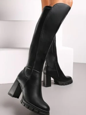 Czarne Dopasowane Kozaki za Kolano na Słupku z Niską Platformą Jonvale