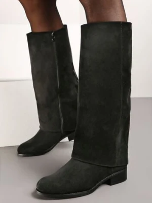 Czarne Ekozamszowe Kozaki na Płaskiej Podeszwie z Cholewką Imitującą Nogawkę Realeira