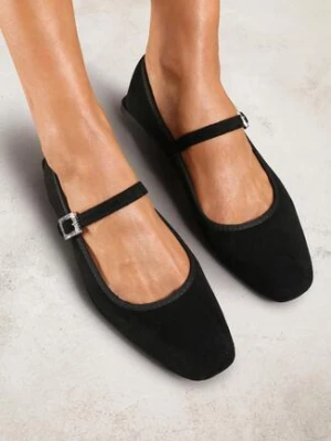 Czarne Eleganckie Balerinki z Ekozamszu ze Sprzączką i Kwadratowym Noskiem Ivalune