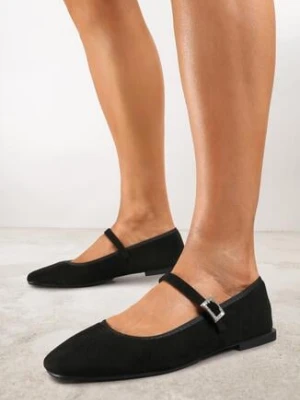 Czarne Eleganckie Balerinki z Ekozamszu ze Sprzączką i Kwadratowym Noskiem Ivalune